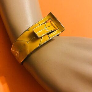 YELLOW ENAMEL BANGLE CUFF HINGED BRACELET WITH GOLD TONE DETAILS